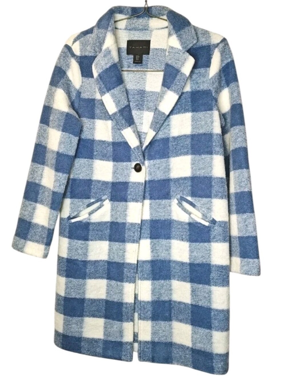 Tahari Wool Over Coat Woman M Blue Buffalo Plaid One Button Long Blazer Jacket